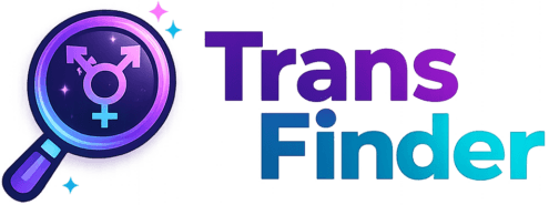 Trans Finder logo: a purple-blue magnifying glass around the transgender symbol, with the text 'Trans Finder' in gradient purple to blue.