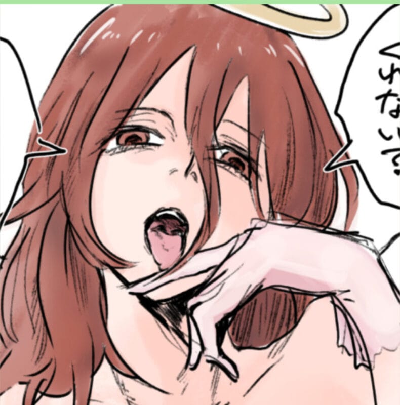 Anime-style red-haired woman with mouth open and tongue out, hand near her lips; halo above her head.