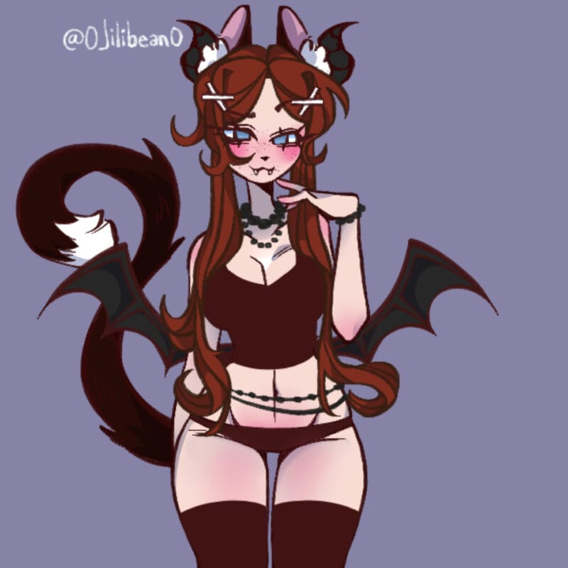 Demon girl with red hair, horns, bat wings, and a long tail in a dark crop top and briefs.